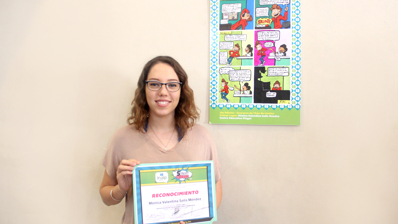 El primer lugar del concurso de Tiras de Cómic lo ocupó Mónica Valentina Solís Méndez, del Centro Educativo Piaget, ganadora de una computadora portátil. 
